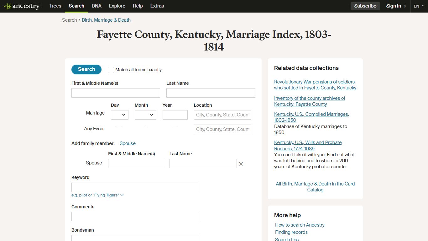 Fayette County, Kentucky, Marriage Index, 1803-1814